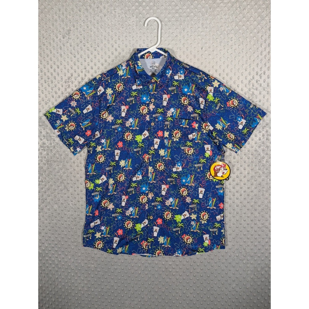 Buc-ees Beaver Hawaiian Shirt Men's Medium Blue‎ Tropical Camper Button Up NEW